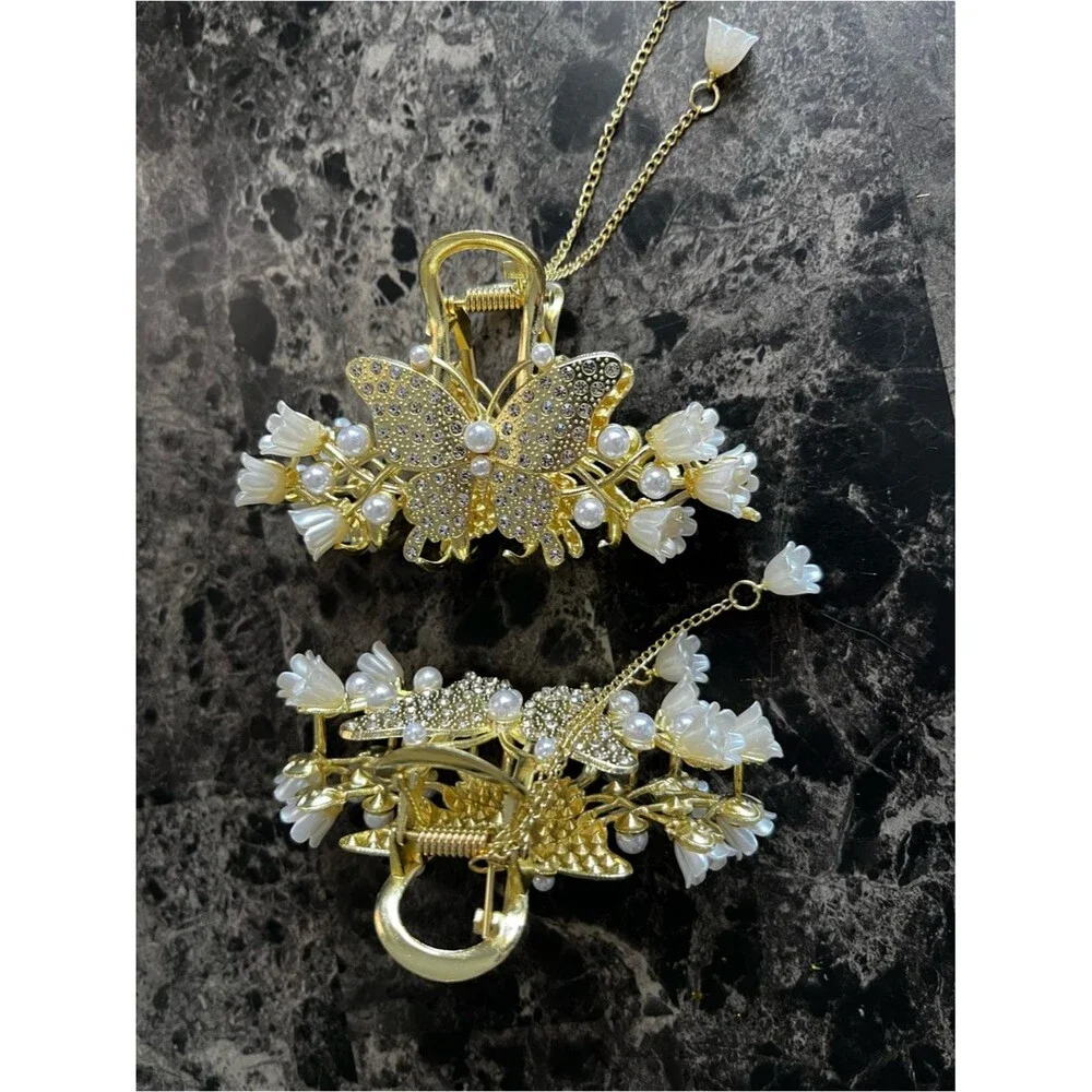 Gold Butterfly Pearl Floral Claw  Hair Clips Party Dangle Chain Accents Set of 2